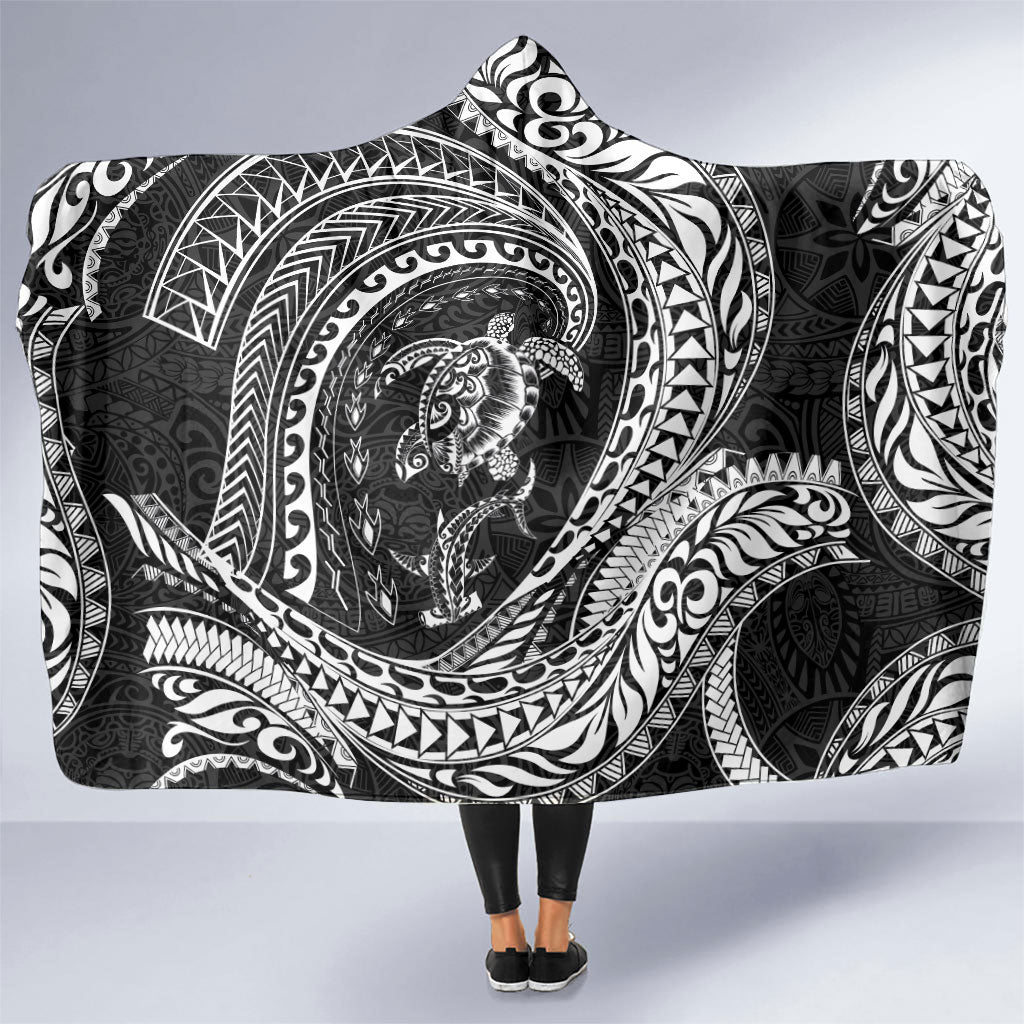 Hawaiian Turtle and Shark Hooded Blanket Kakau Tribal with Polynesian Pattern Black Color