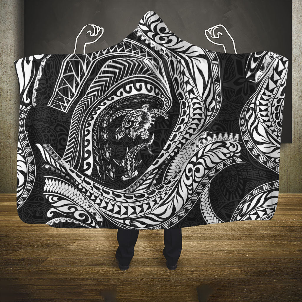 Hawaiian Turtle and Shark Hooded Blanket Kakau Tribal with Polynesian Pattern Black Color