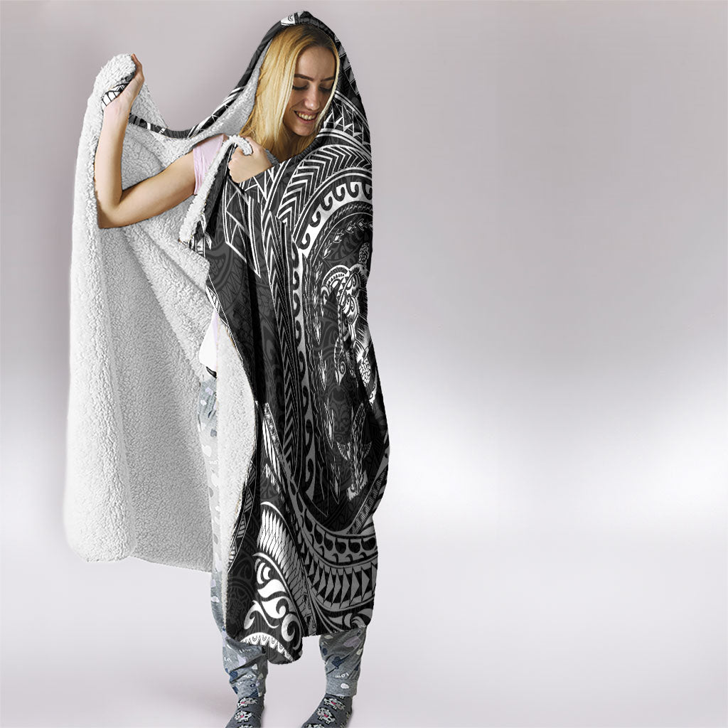 Hawaiian Turtle and Shark Hooded Blanket Kakau Tribal with Polynesian Pattern Black Color