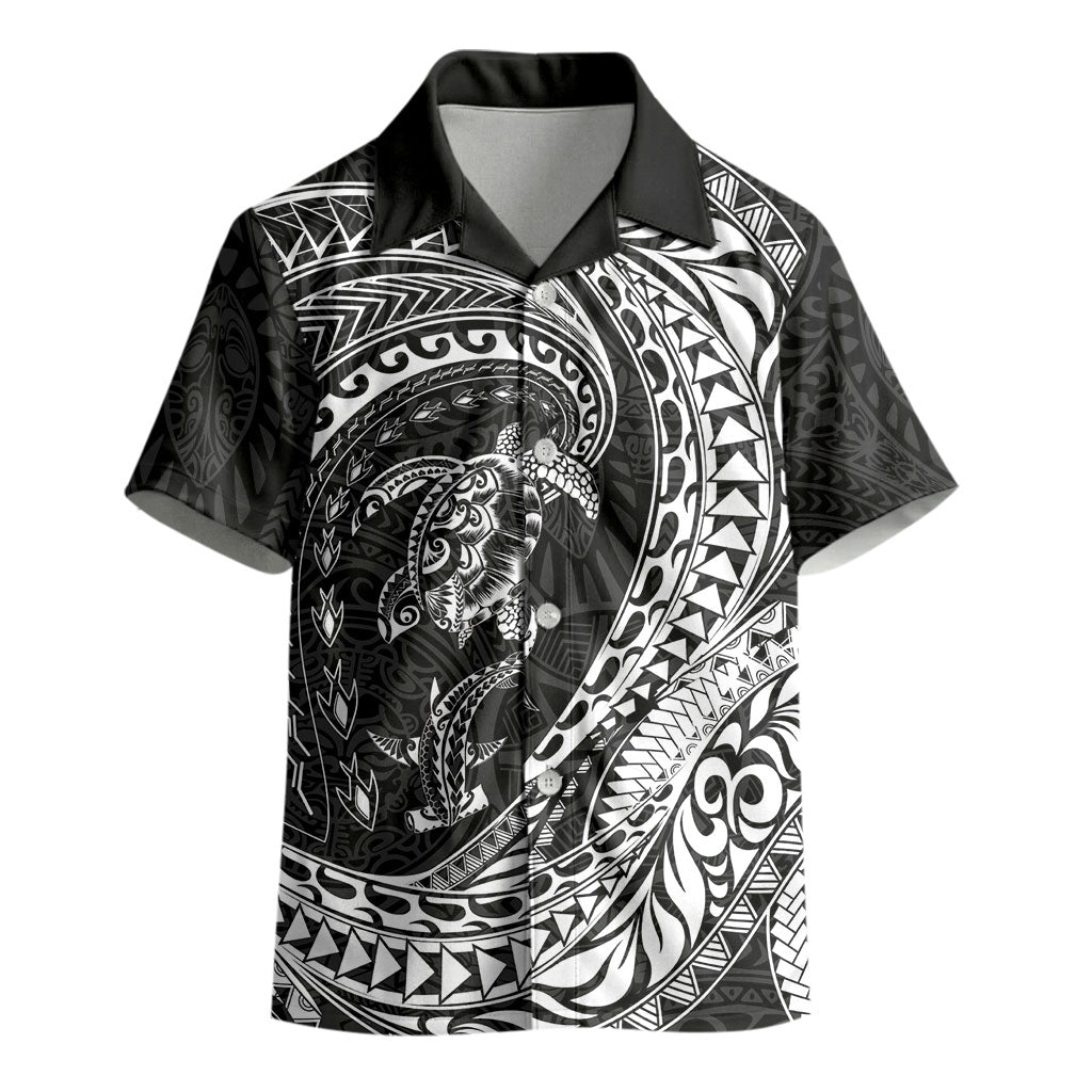 Hawaiian Turtle and Shark Kid Hawaiian Shirt Kakau Tribal with Polynesian Pattern Black Color