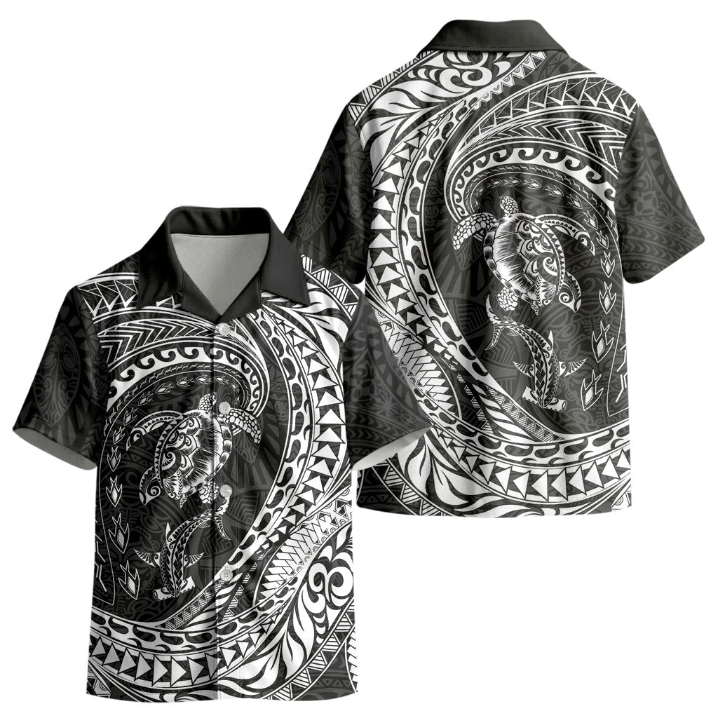 Hawaiian Turtle and Shark Kid Hawaiian Shirt Kakau Tribal with Polynesian Pattern Black Color