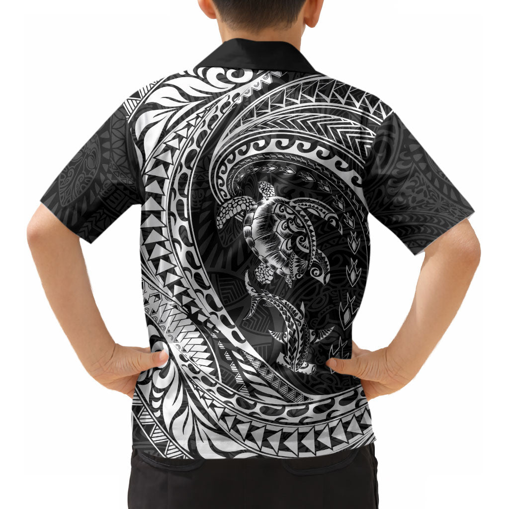 Hawaiian Turtle and Shark Kid Hawaiian Shirt Kakau Tribal with Polynesian Pattern Black Color