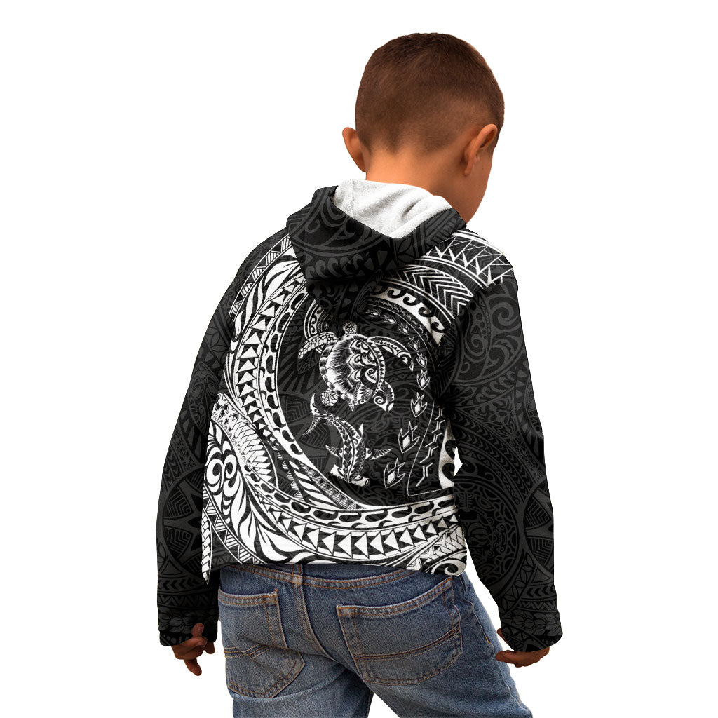 Hawaiian Turtle and Shark Kid Hoodie Kakau Tribal with Polynesian Pattern Black Color