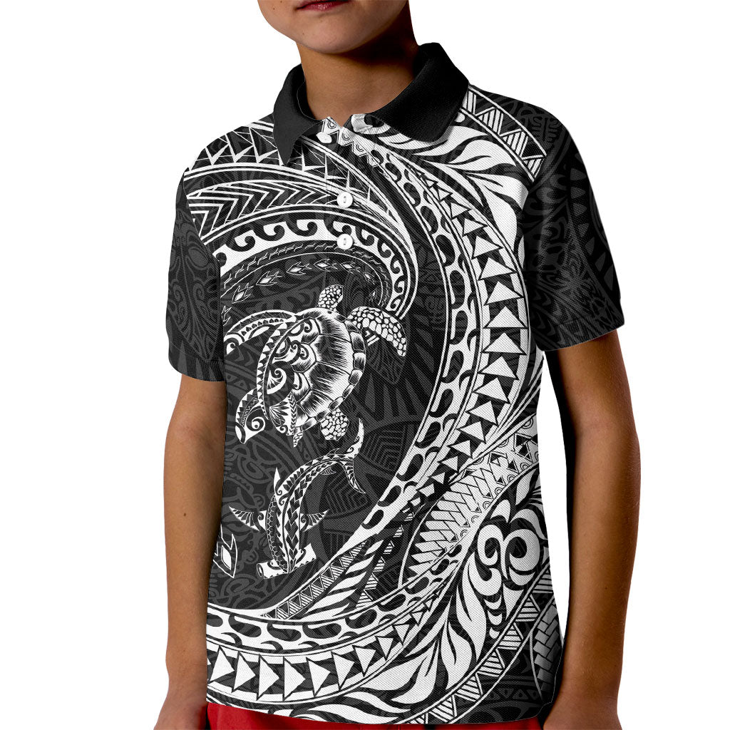 Hawaiian Turtle and Shark Kid Polo Shirt Kakau Tribal with Polynesian Pattern Black Color