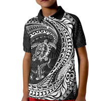Hawaiian Turtle and Shark Kid Polo Shirt Kakau Tribal with Polynesian Pattern Black Color