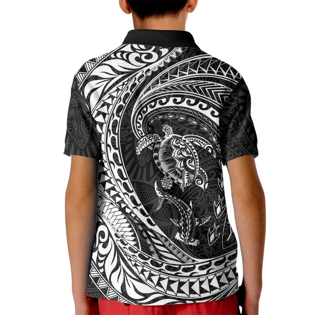 Hawaiian Turtle and Shark Kid Polo Shirt Kakau Tribal with Polynesian Pattern Black Color