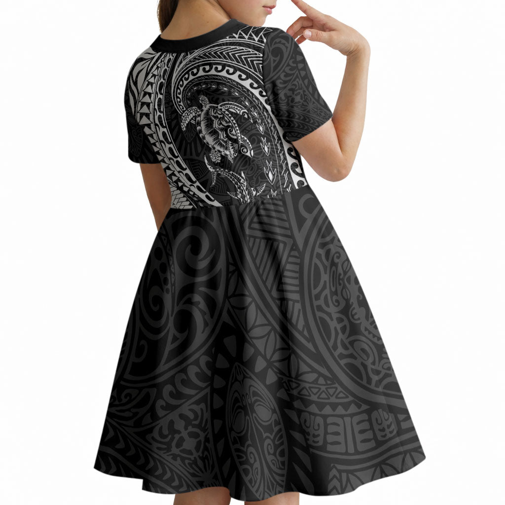 Hawaiian Turtle and Shark Kid Short Sleeve Dress Kakau Tribal with Polynesian Pattern Black Color