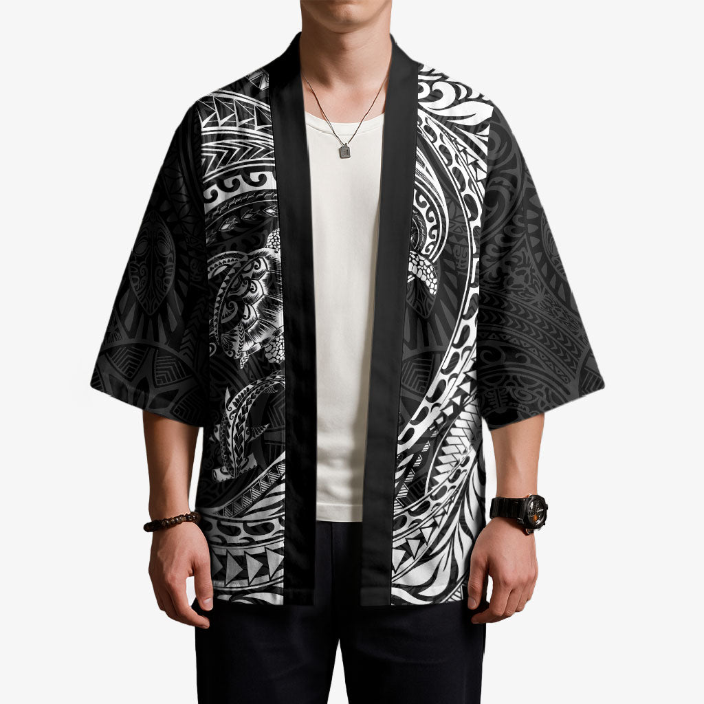 Hawaiian Turtle and Shark Kimono Kakau Tribal with Polynesian Pattern Black Color