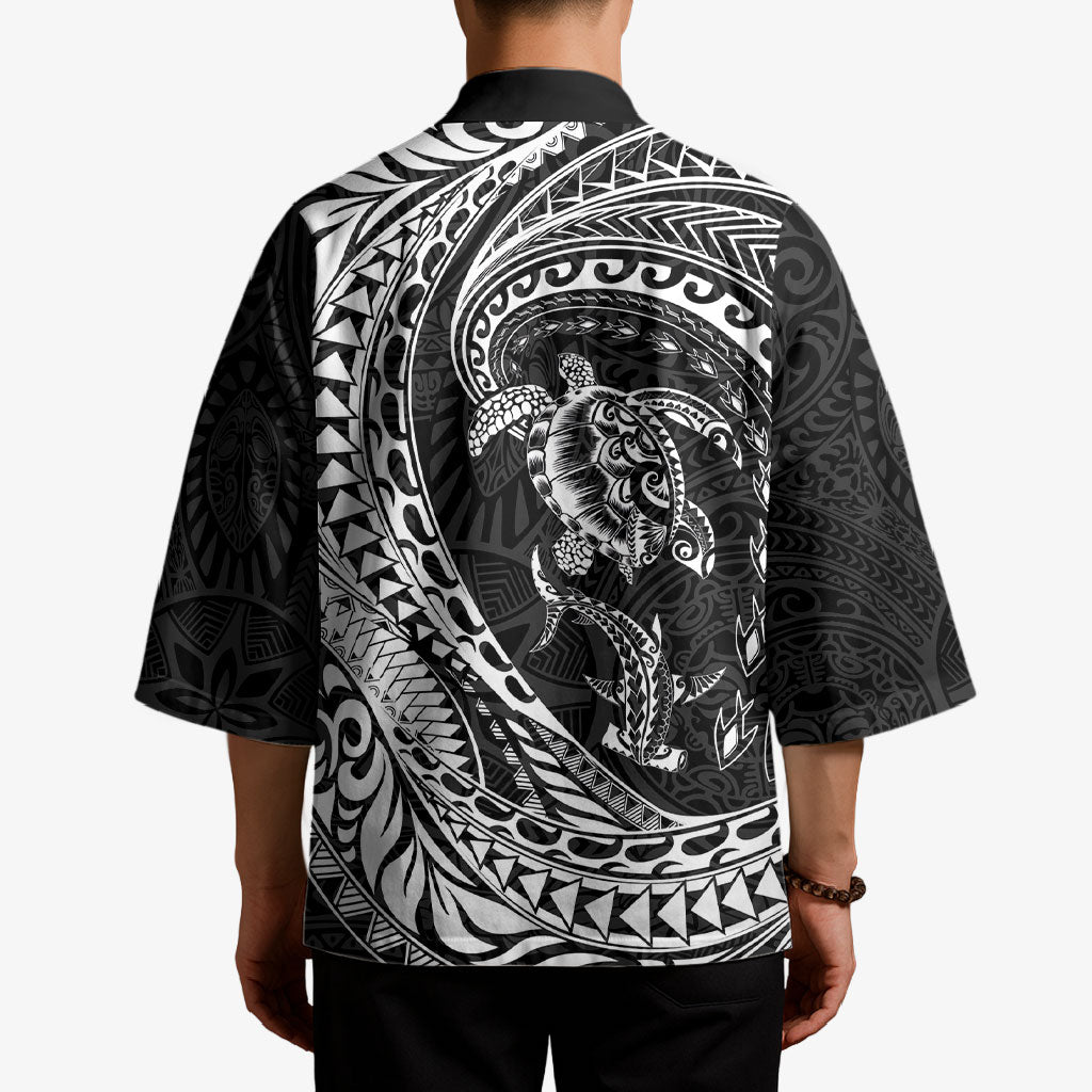 Hawaiian Turtle and Shark Kimono Kakau Tribal with Polynesian Pattern Black Color