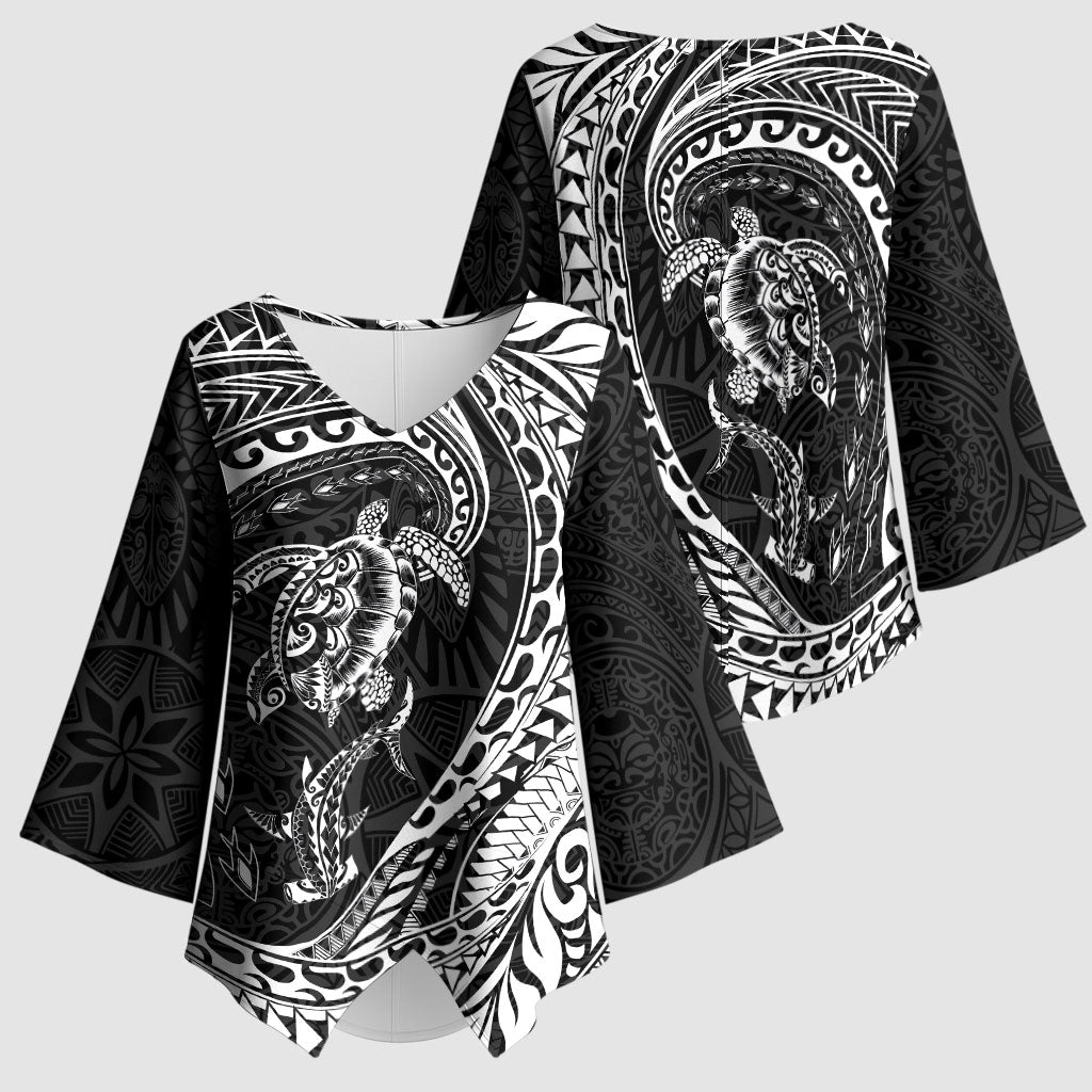 Hawaiian Turtle and Shark Kimono Sleeve Blouse Kakau Tribal with Polynesian Pattern Black Color