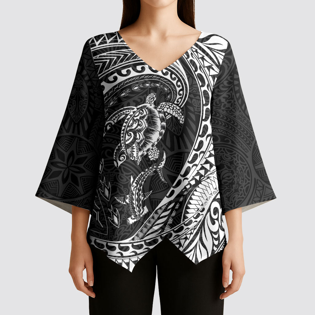 Hawaiian Turtle and Shark Kimono Sleeve Blouse Kakau Tribal with Polynesian Pattern Black Color