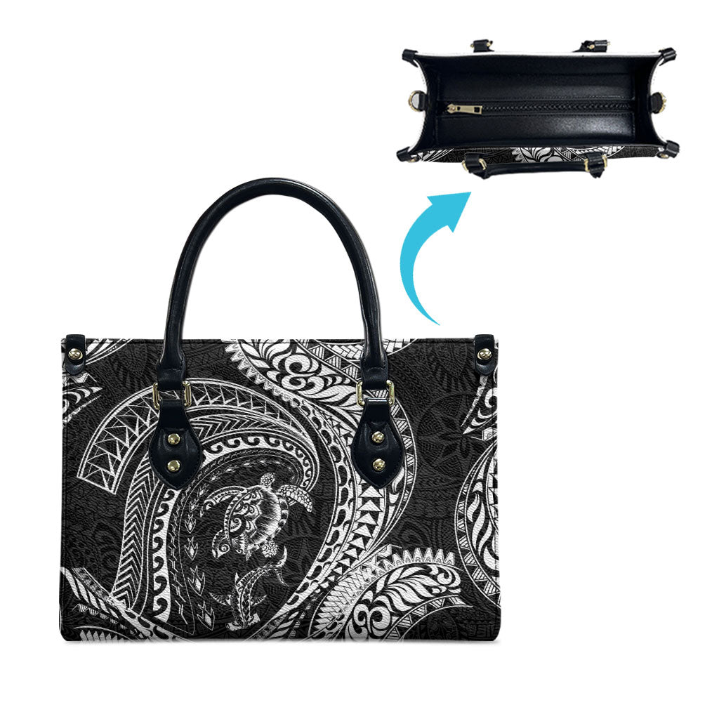 Hawaiian Turtle and Shark Leather Bag Kakau Tribal with Polynesian Pattern Black Color