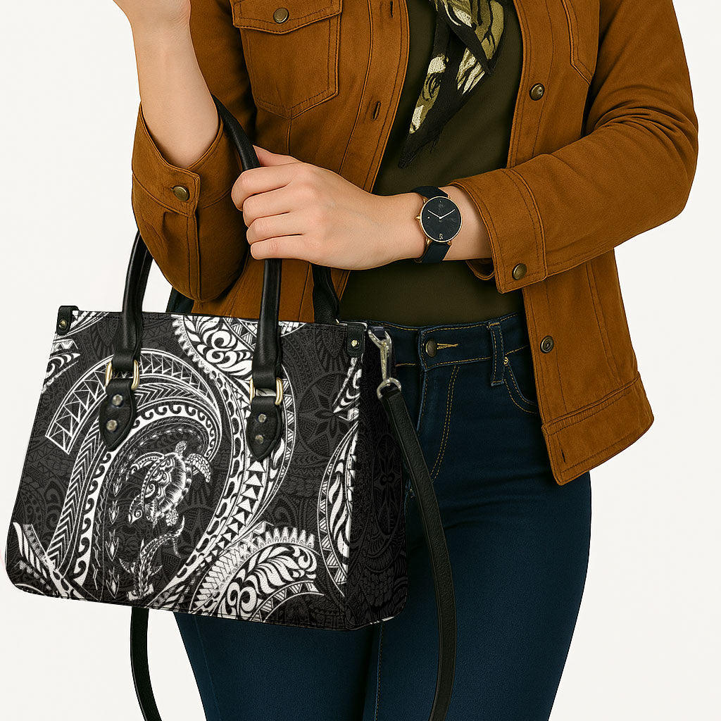 Hawaiian Turtle and Shark Leather Bag Kakau Tribal with Polynesian Pattern Black Color