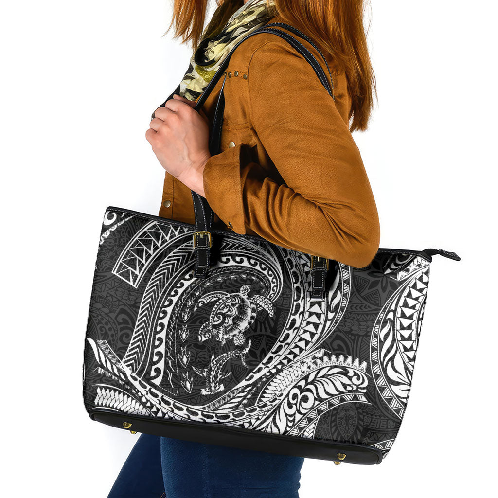 Hawaiian Turtle and Shark Leather Tote Bag Kakau Tribal with Polynesian Pattern Black Color