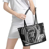 Hawaiian Turtle and Shark Leather Tote Bag Kakau Tribal with Polynesian Pattern Black Color