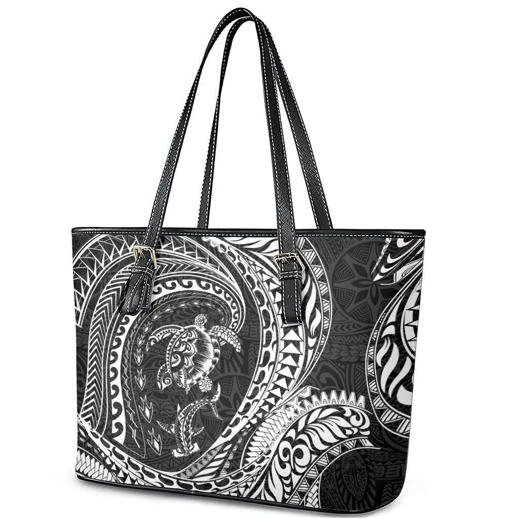 Hawaiian Turtle and Shark Leather Tote Bag Kakau Tribal with Polynesian Pattern Black Color