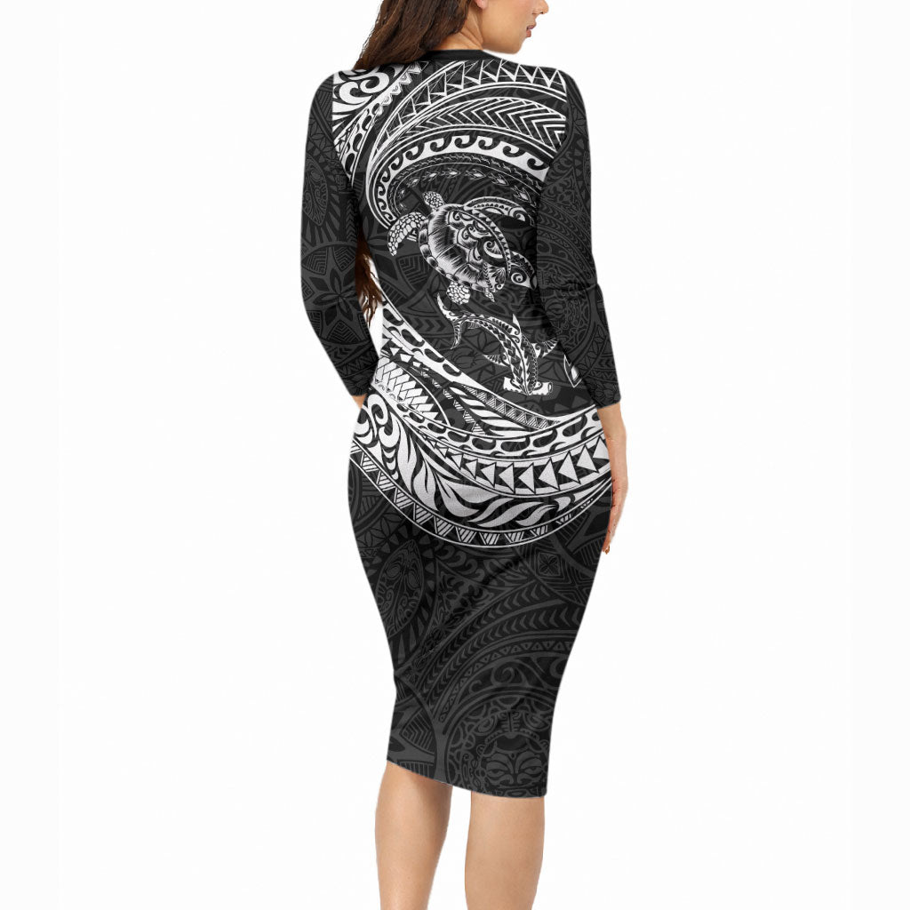 Hawaiian Turtle and Shark Long Sleeve Bodycon Dress Kakau Tribal with Polynesian Pattern Black Color