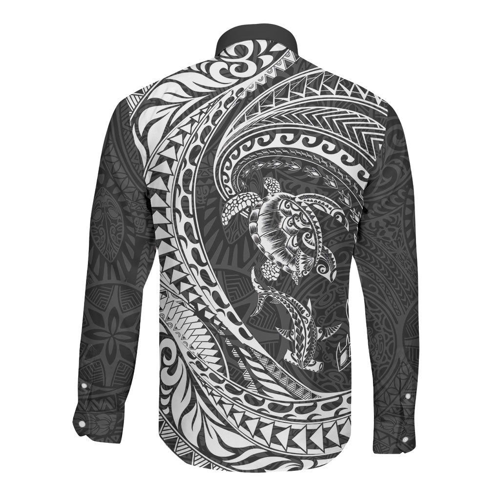 Hawaiian Turtle and Shark Long Sleeve Button Shirt Kakau Tribal with Polynesian Pattern Black Color