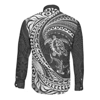Hawaiian Turtle and Shark Long Sleeve Button Shirt Kakau Tribal with Polynesian Pattern Black Color