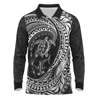 Hawaiian Turtle and Shark Long Sleeve Polo Shirt Kakau Tribal with Polynesian Pattern Black Color