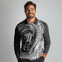 Hawaiian Turtle and Shark Long Sleeve Polo Shirt Kakau Tribal with Polynesian Pattern Black Color