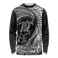 Hawaiian Turtle and Shark Long Sleeve Shirt Kakau Tribal with Polynesian Pattern Black Color