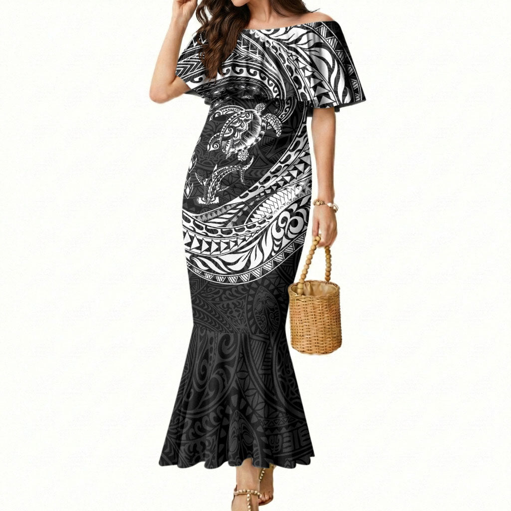Hawaiian Turtle and Shark Mermaid Dress Kakau Tribal with Polynesian Pattern Black Color