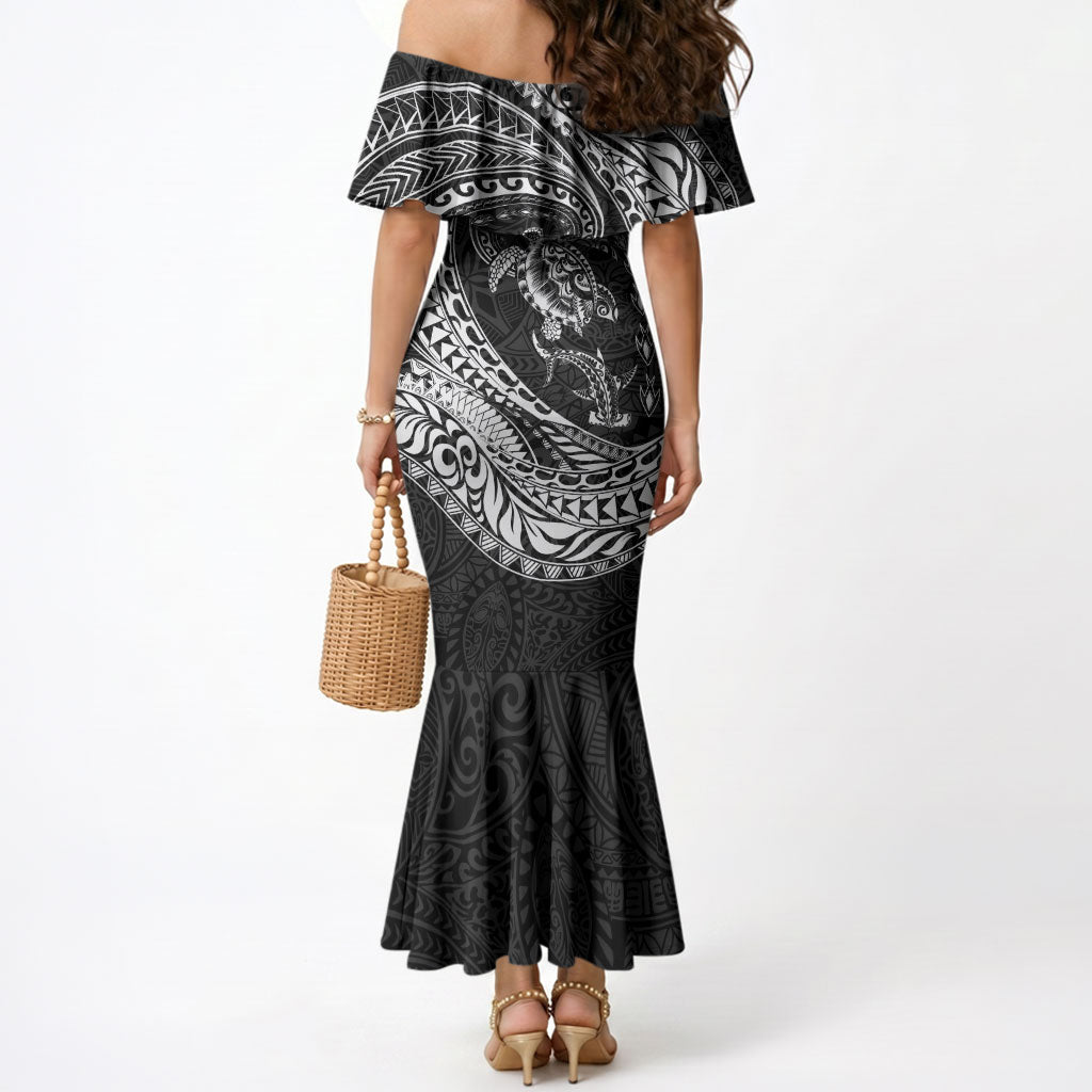 Hawaiian Turtle and Shark Mermaid Dress Kakau Tribal with Polynesian Pattern Black Color