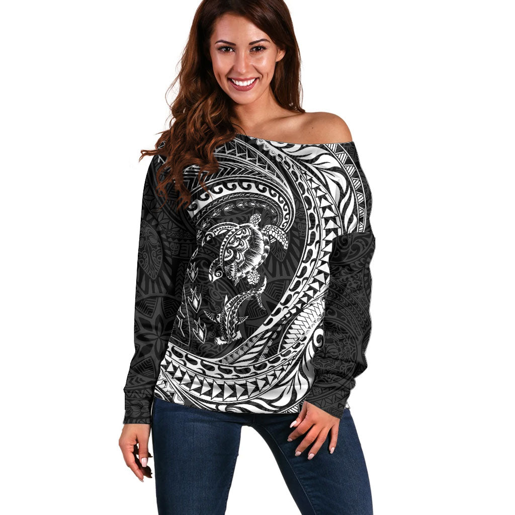 Hawaiian Turtle and Shark Off Shoulder Sweater Kakau Tribal with Polynesian Pattern Black Color