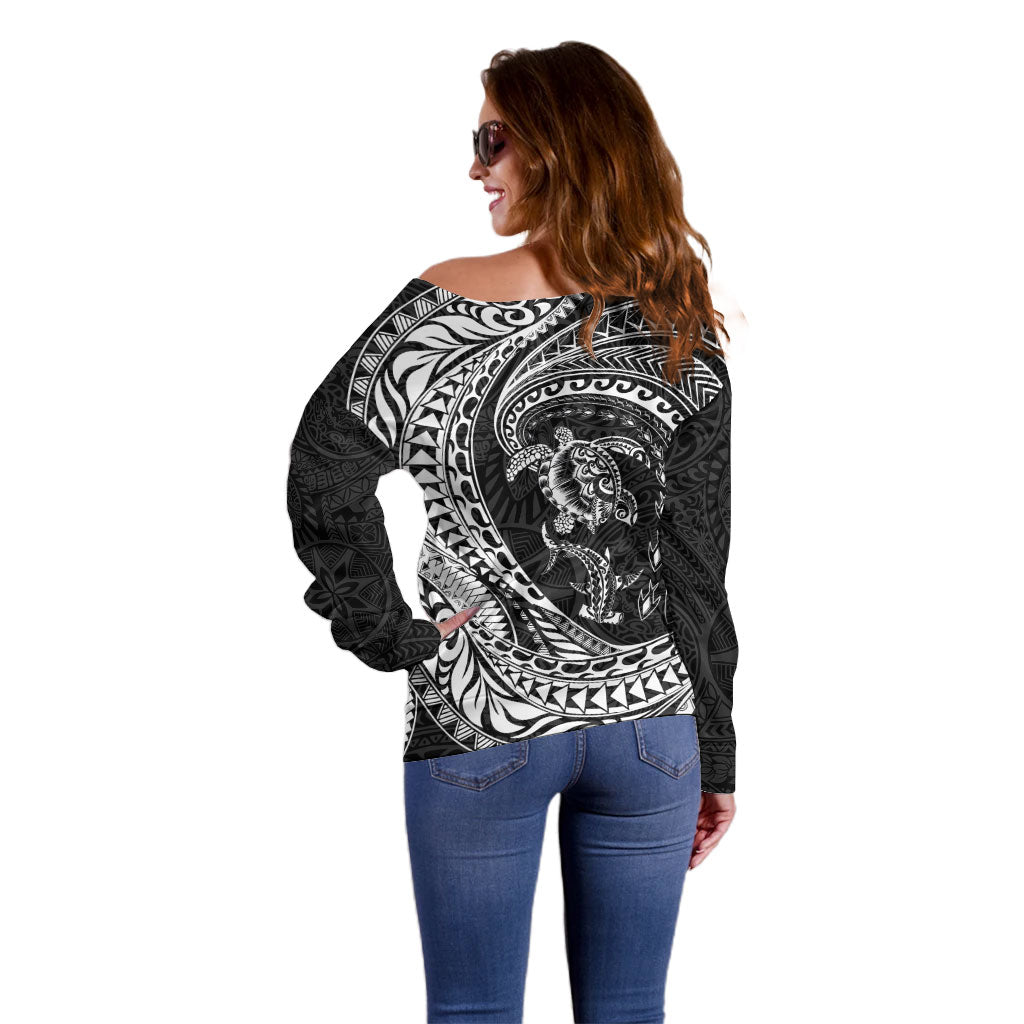 Hawaiian Turtle and Shark Off Shoulder Sweater Kakau Tribal with Polynesian Pattern Black Color