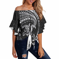 Hawaiian Turtle and Shark Off Shoulder Wrap Waist Top Kakau Tribal with Polynesian Pattern Black Color