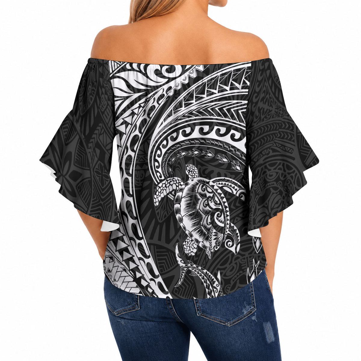 Hawaiian Turtle and Shark Off Shoulder Wrap Waist Top Kakau Tribal with Polynesian Pattern Black Color