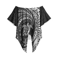 Hawaiian Turtle and Shark Off Shoulder Wrap Waist Top Kakau Tribal with Polynesian Pattern Black Color