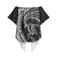 Hawaiian Turtle and Shark Off Shoulder Wrap Waist Top Kakau Tribal with Polynesian Pattern Black Color