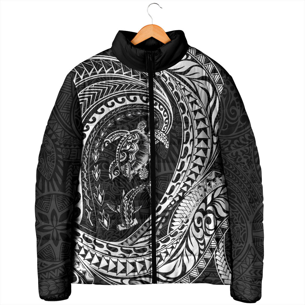 Hawaiian Turtle and Shark Padded Jacket Kakau Tribal with Polynesian Pattern Black Color