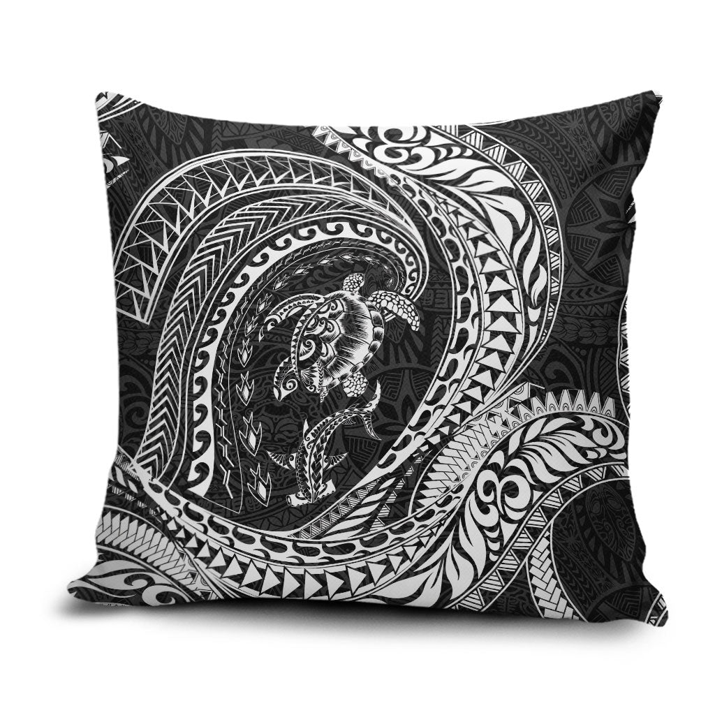 Hawaiian Turtle and Shark Pillow Cover Kakau Tribal with Polynesian Pattern Black Color