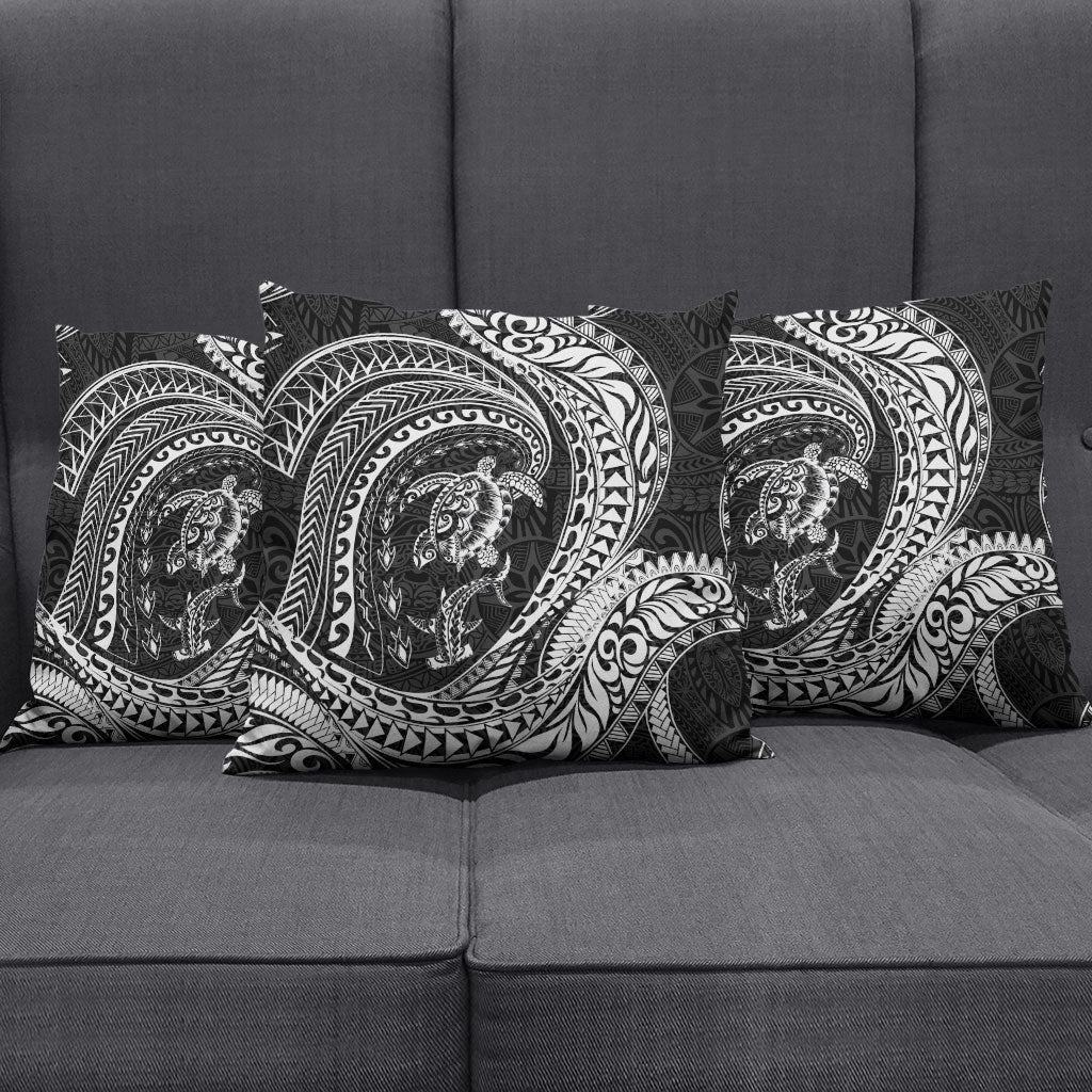 Hawaiian Turtle and Shark Pillow Cover Kakau Tribal with Polynesian Pattern Black Color