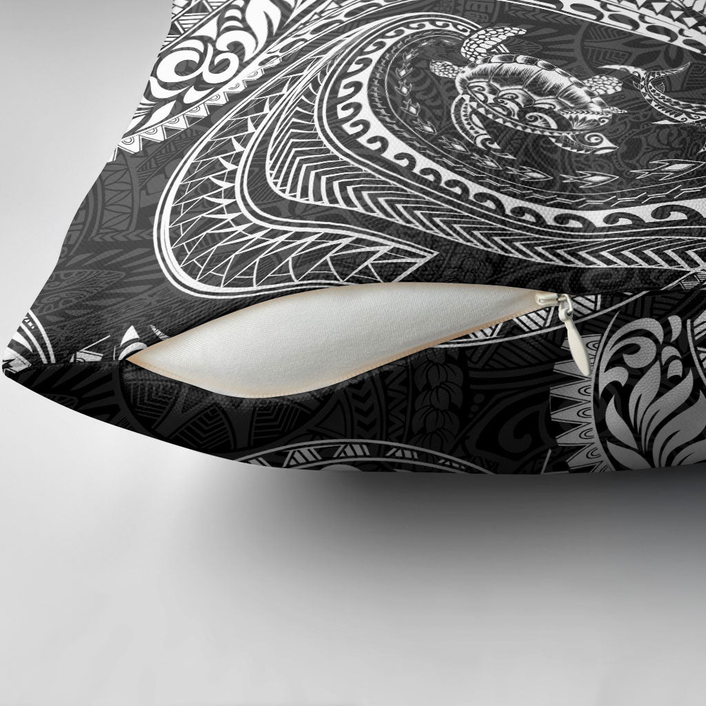 Hawaiian Turtle and Shark Pillow Cover Kakau Tribal with Polynesian Pattern Black Color