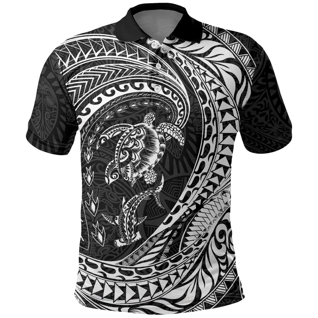 Hawaiian Turtle and Shark Polo Shirt Kakau Tribal with Polynesian Pattern Black Color
