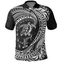 Hawaiian Turtle and Shark Polo Shirt Kakau Tribal with Polynesian Pattern Black Color