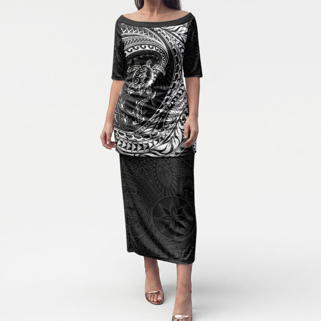 Hawaiian Turtle and Shark Puletasi Kakau Tribal with Polynesian Pattern Black Color