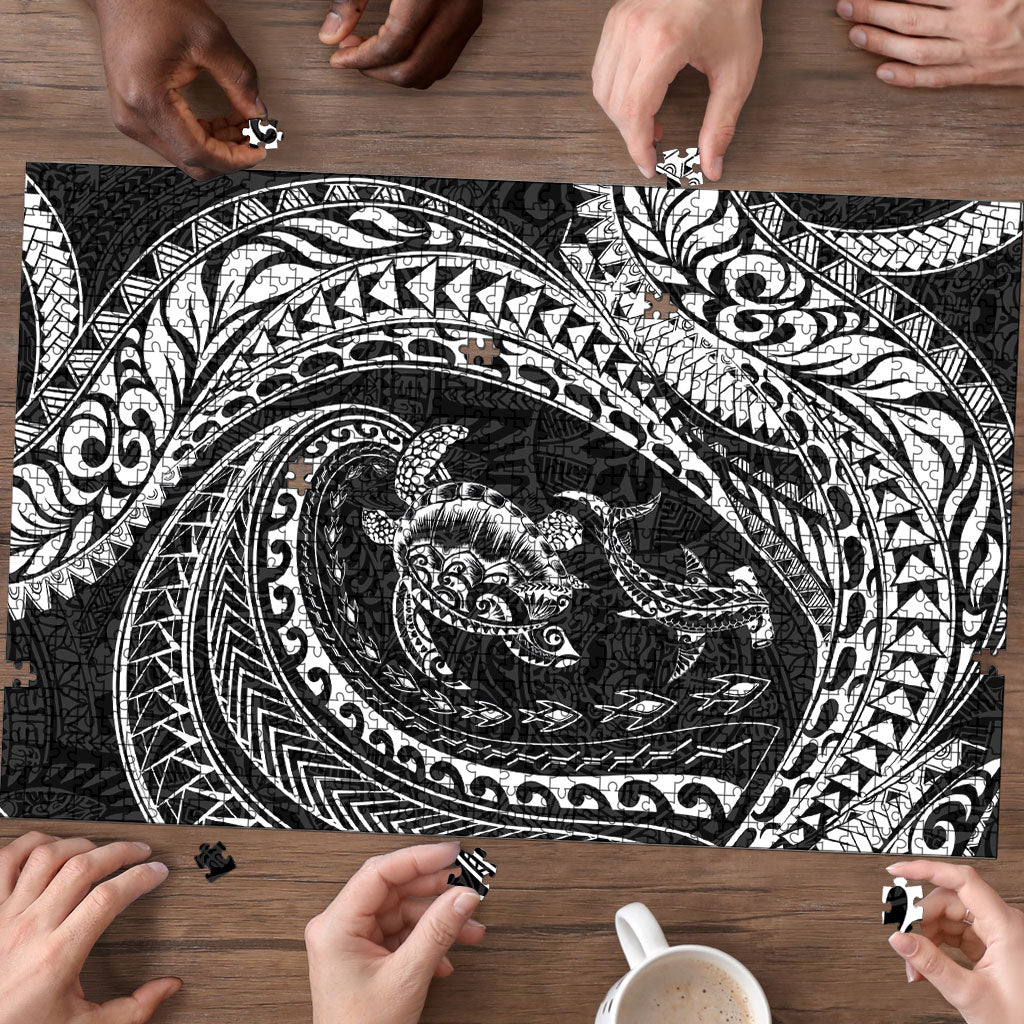 Hawaiian Turtle and Shark Puzzle Kakau Tribal with Polynesian Pattern Black Color