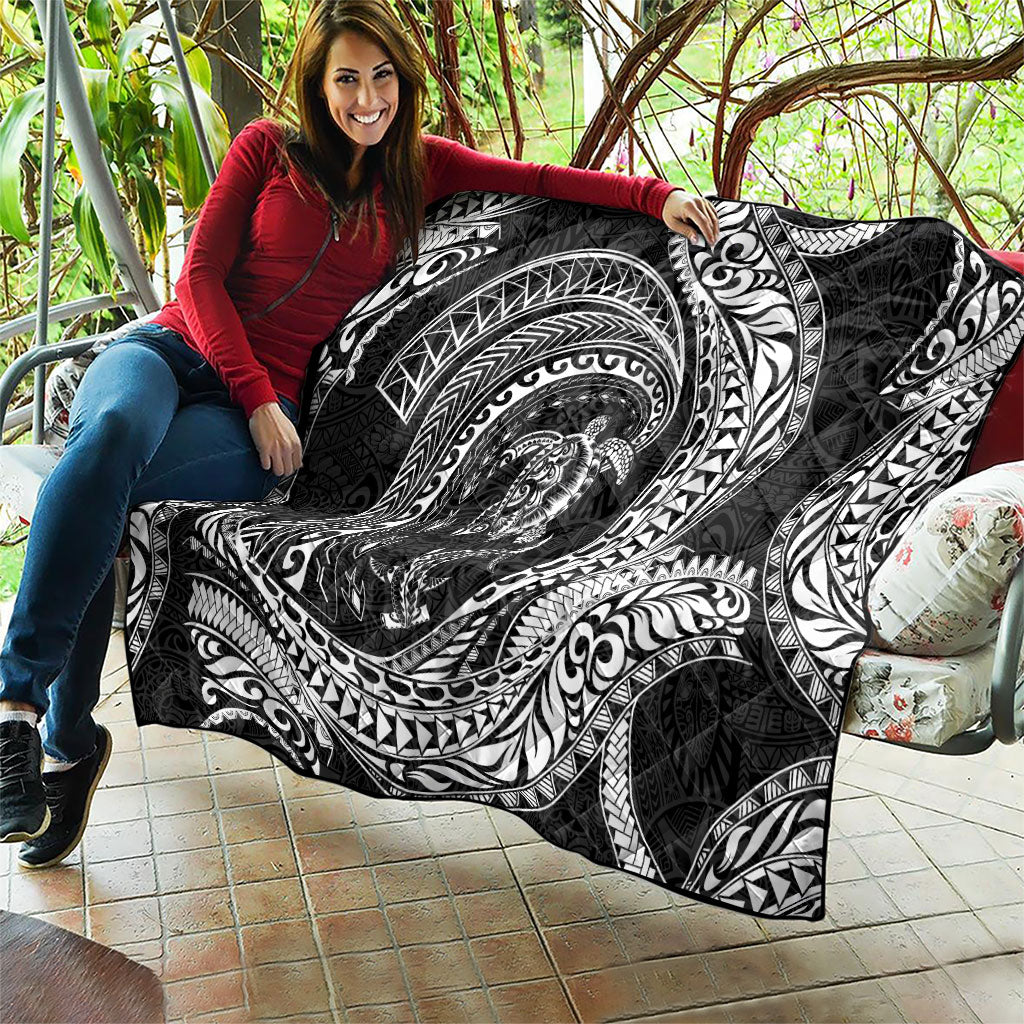 Hawaiian Turtle and Shark Quilt Kakau Tribal with Polynesian Pattern Black Color