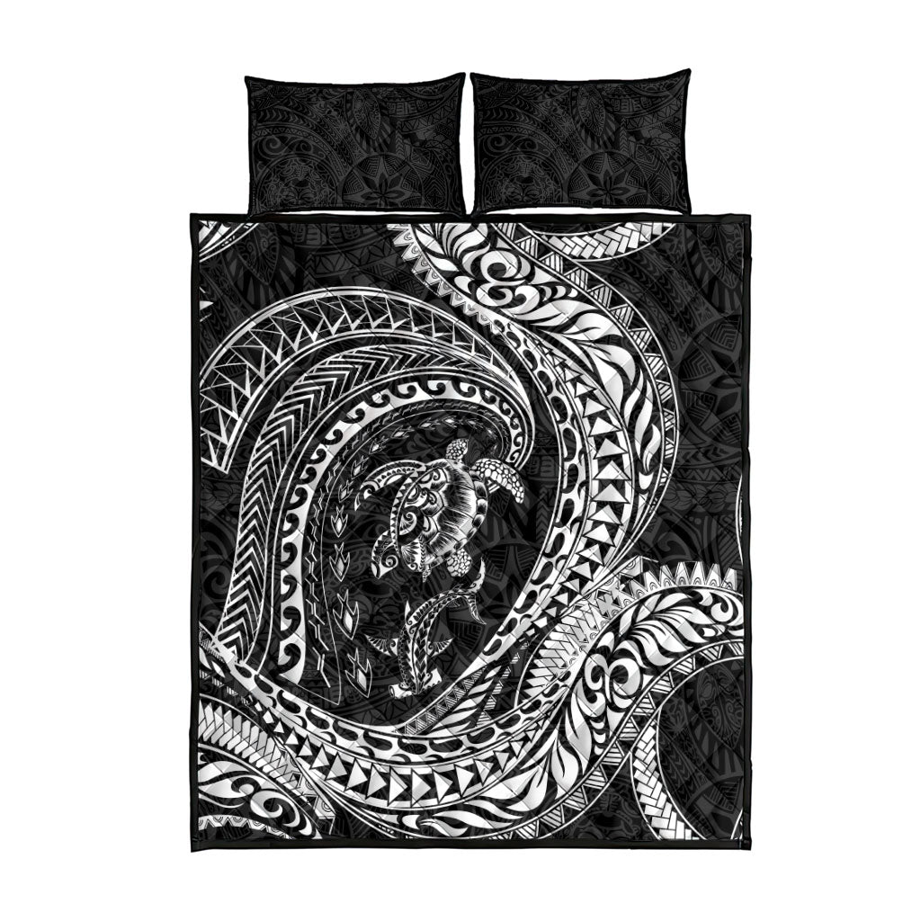 Hawaiian Turtle and Shark Quilt Bed Set Kakau Tribal with Polynesian Pattern Black Color