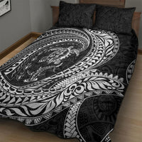 Hawaiian Turtle and Shark Quilt Bed Set Kakau Tribal with Polynesian Pattern Black Color