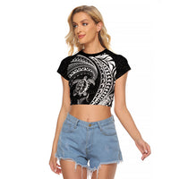 Hawaiian Turtle and Shark Raglan Cropped T Shirt Kakau Tribal with Polynesian Pattern Black Color