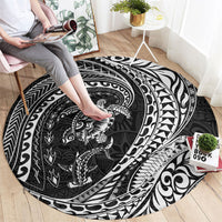 Hawaiian Turtle and Shark Round Carpet Kakau Tribal with Polynesian Pattern Black Color