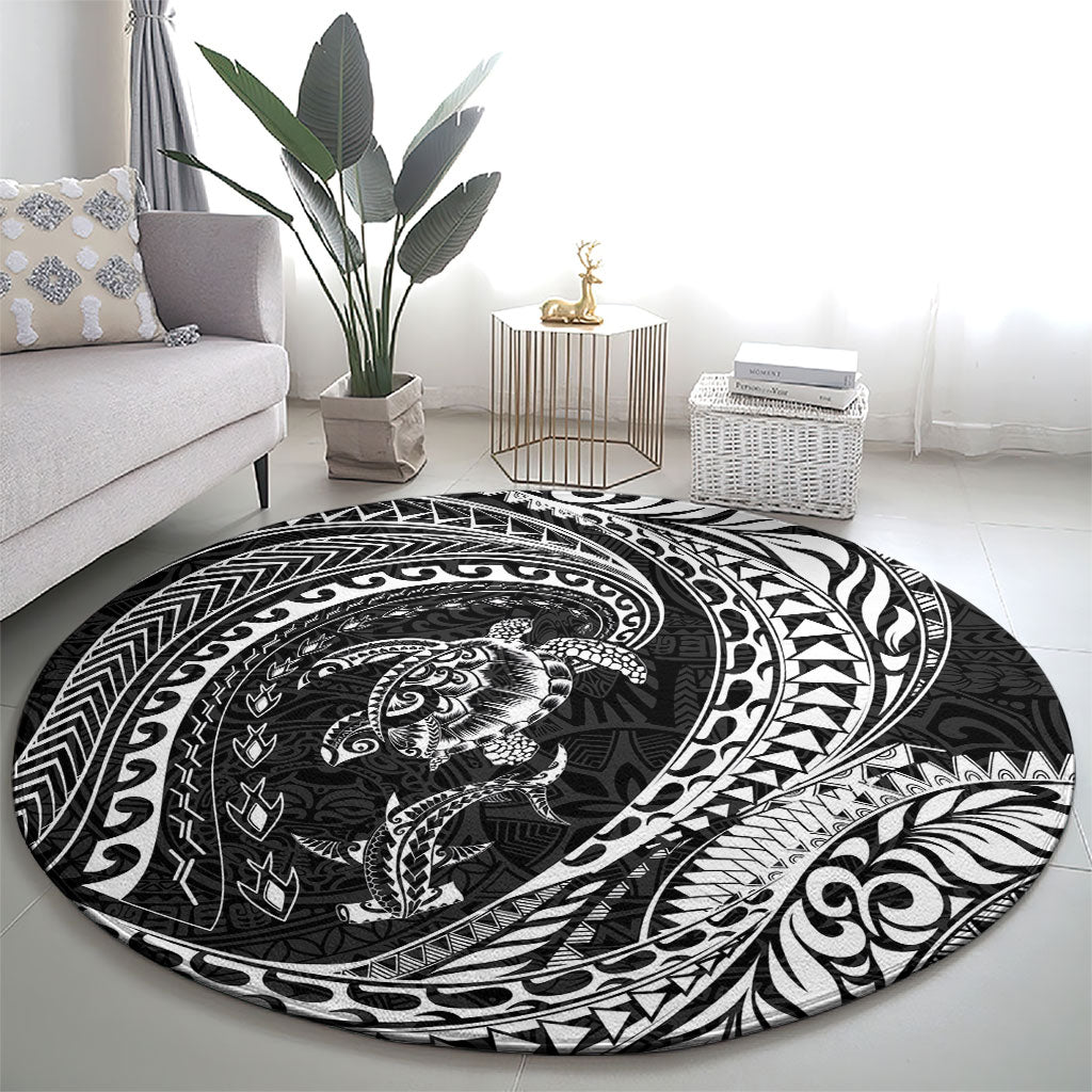Hawaiian Turtle and Shark Round Carpet Kakau Tribal with Polynesian Pattern Black Color