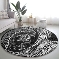 Hawaiian Turtle and Shark Round Carpet Kakau Tribal with Polynesian Pattern Black Color