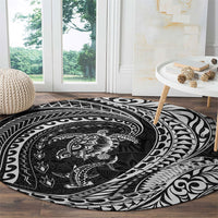 Hawaiian Turtle and Shark Round Carpet Kakau Tribal with Polynesian Pattern Black Color